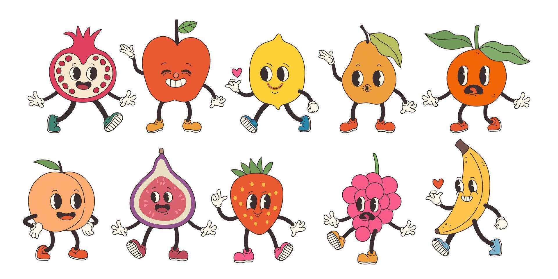 Groovy fruits set. Hand draw Funny Retro vintage trendy style fruits cartoon character illustration. Doodle Comic collection. Vector illustration