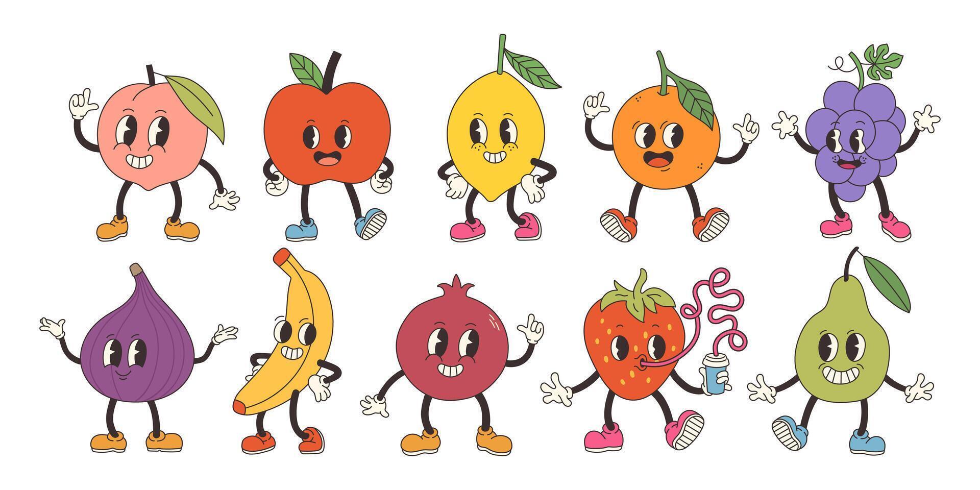 Groovy fruits set. Hand draw Funny Retro vintage trendy style fruits cartoon character illustration. Doodle Comic collection. Vector illustration