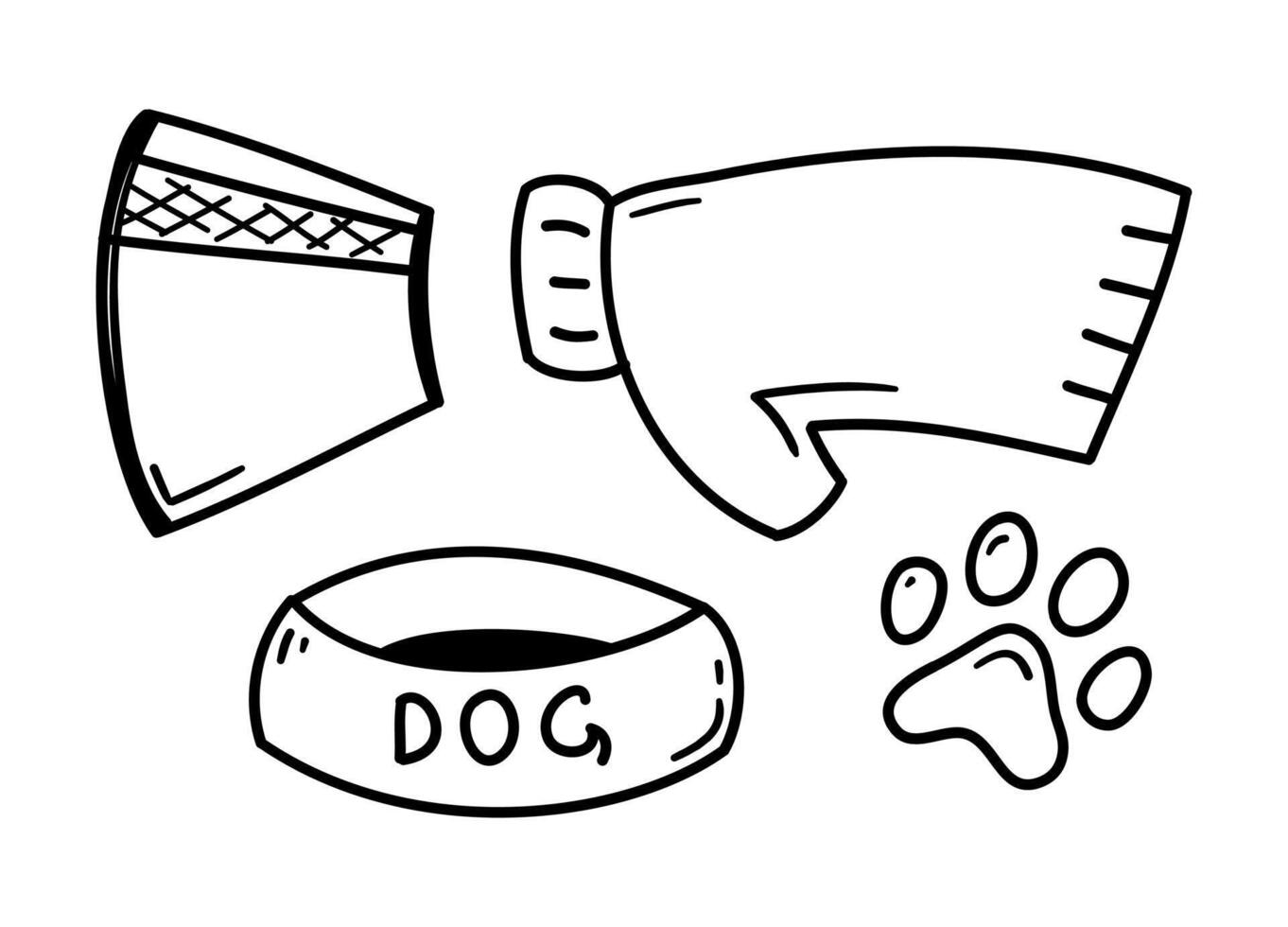 Doodle pet accessories. Hand drawn elements for dog, pet, puppy. Vector icons for vet shops, clinic, grooming salon or pet caring