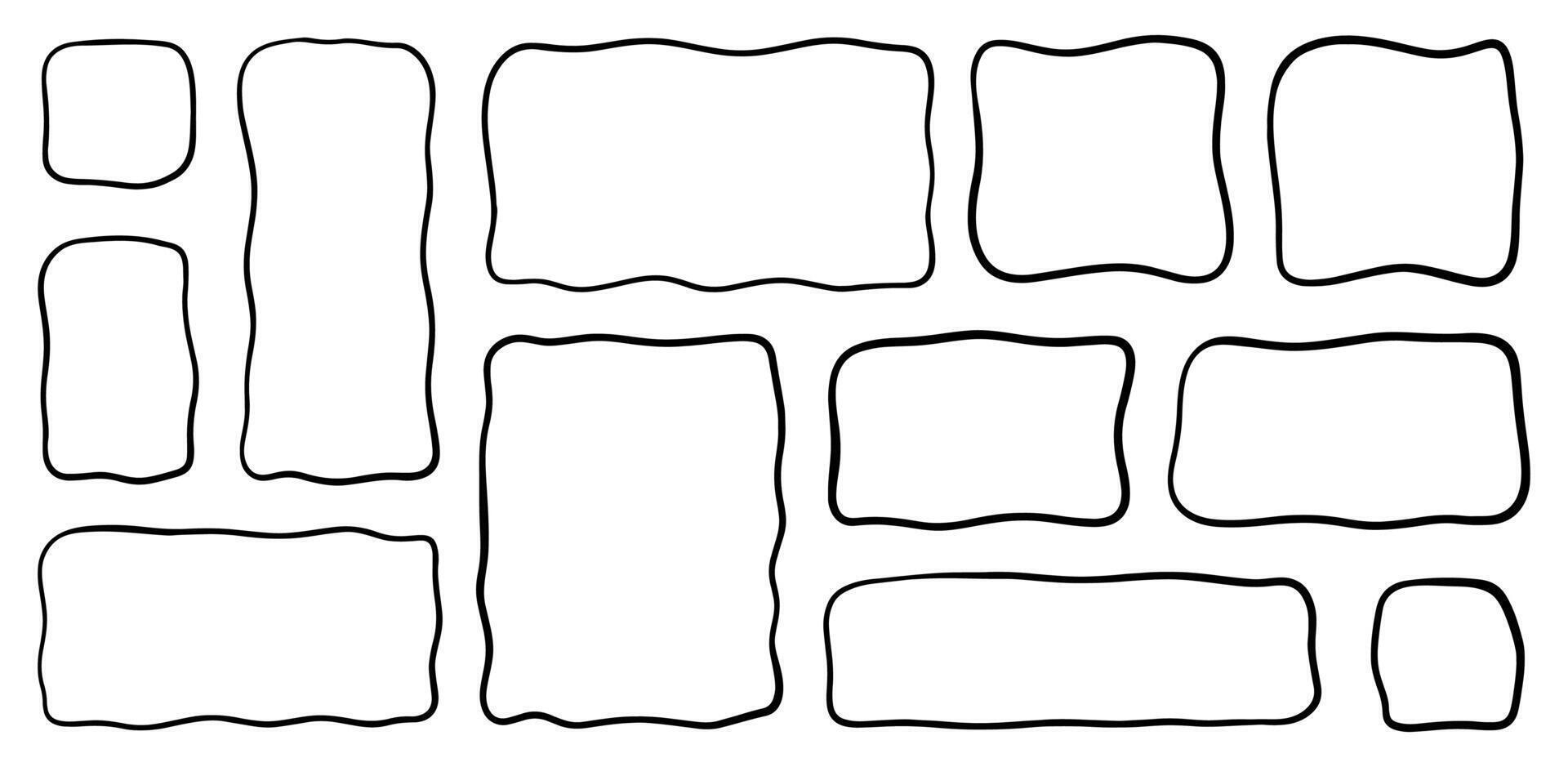 Hand drawn wavy curve edge frame. Doodle rectangle borders. Horizontal and vertical brush drawn squares vector