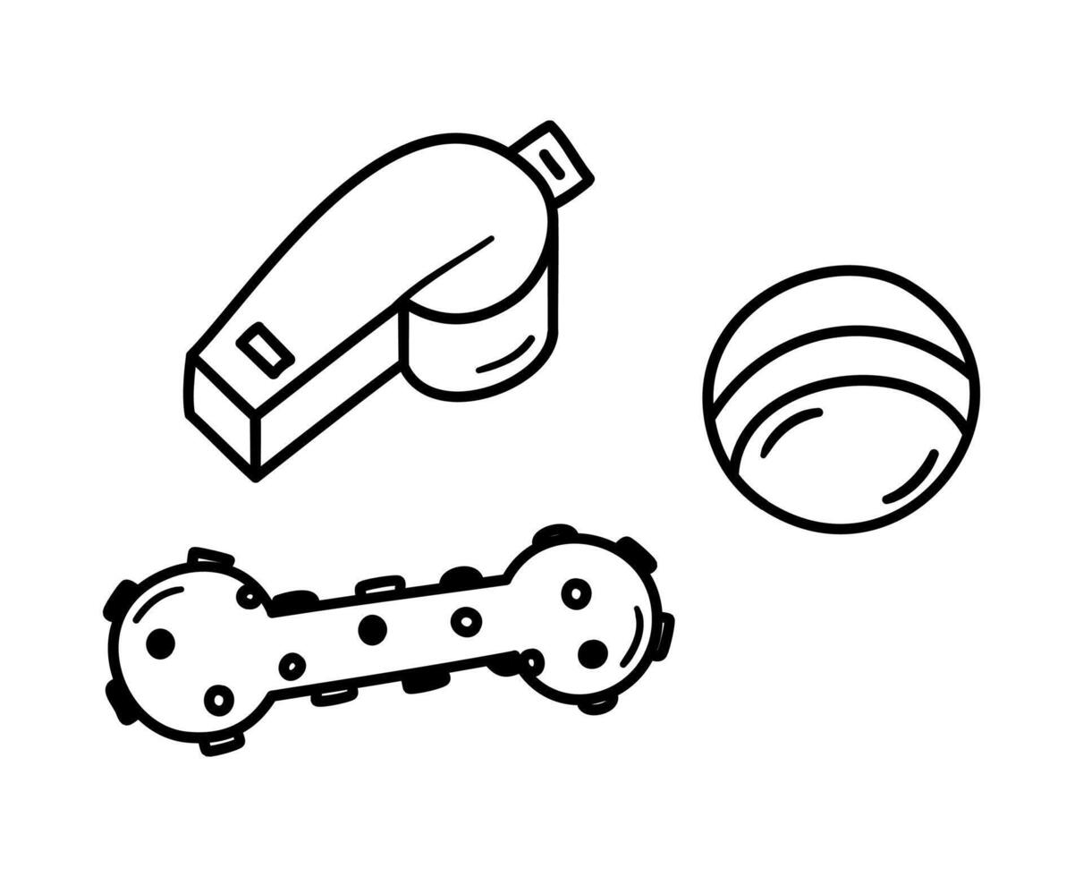 Doodle pet accessories, toy, ball, bone, whistle. Hand drawn set for vet shop, dog training and caring. Vector illustration
