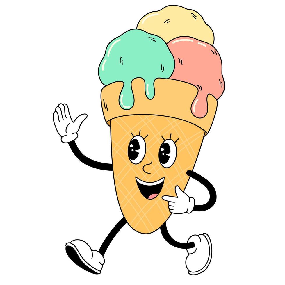 Groovy ice cream characters in retro cartoon style. Fast food dessert mascot vector illustration. Nostalgia 60s, 70s, 80s. Vector illustration trendy vintage style