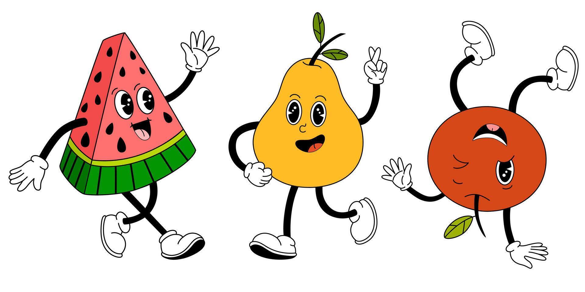 Groovy fruits set. Hand draw Funny Retro vintage trendy style fruits cartoon character. Watermelon, pear, apple. Vector doodle comic collection