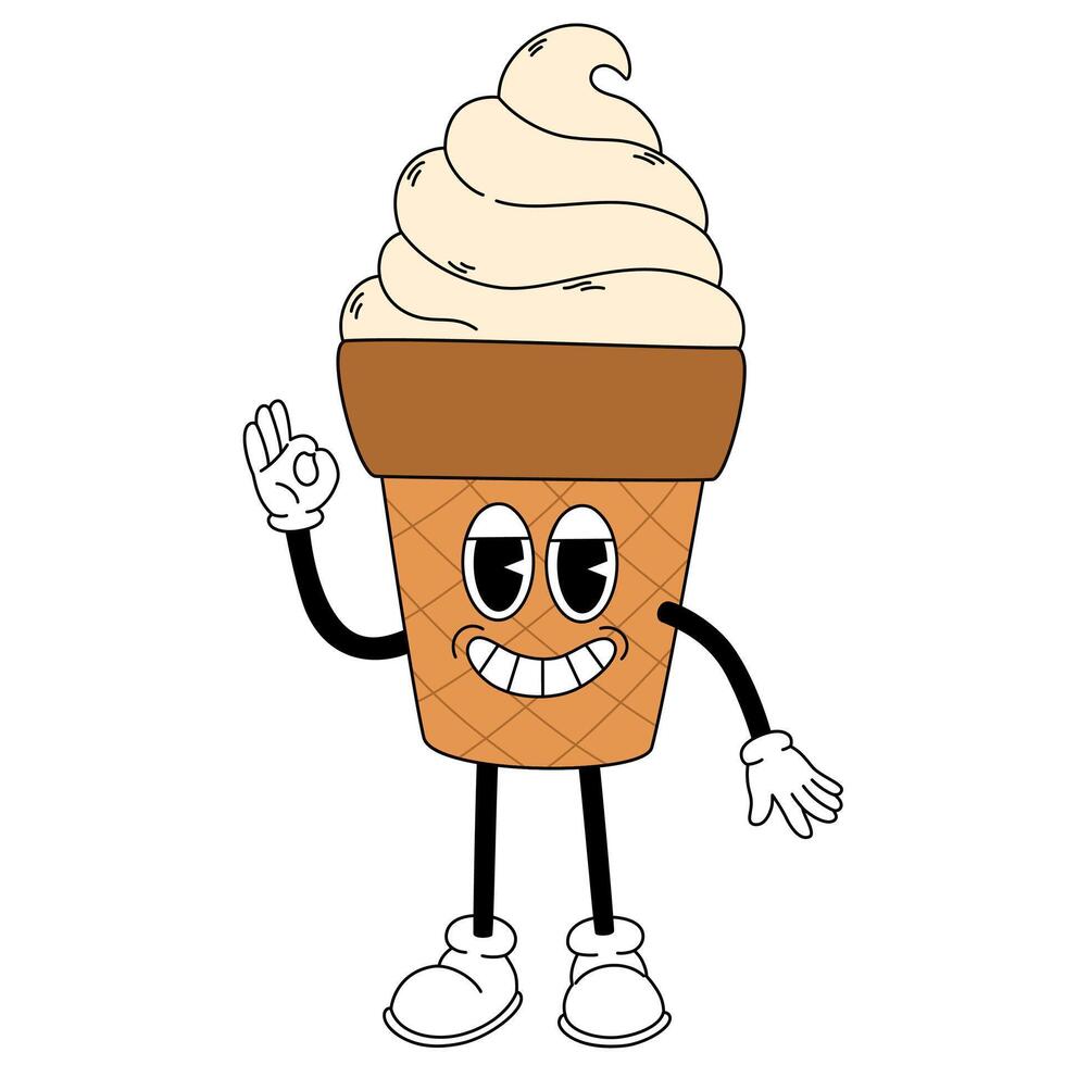 Groovy ice cream characters in retro cartoon style. Fast food dessert mascot vector illustration. Nostalgia 60s, 70s, 80s. Vector illustration trendy vintage style