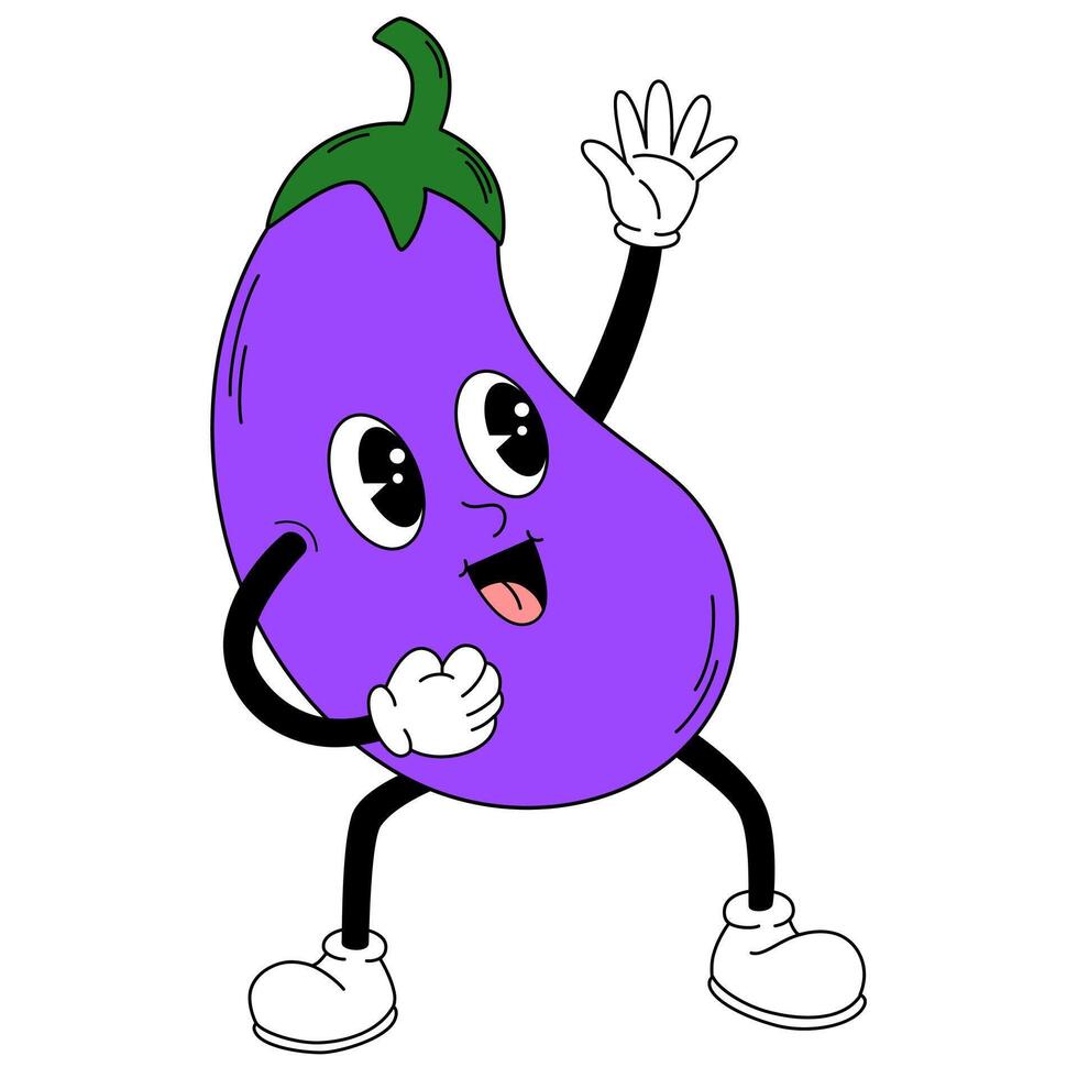 Groovy eggplant vegetable. Hand draw Funny Retro vintage trendy style vegetable cartoon character. Doodle Comic vector illustration