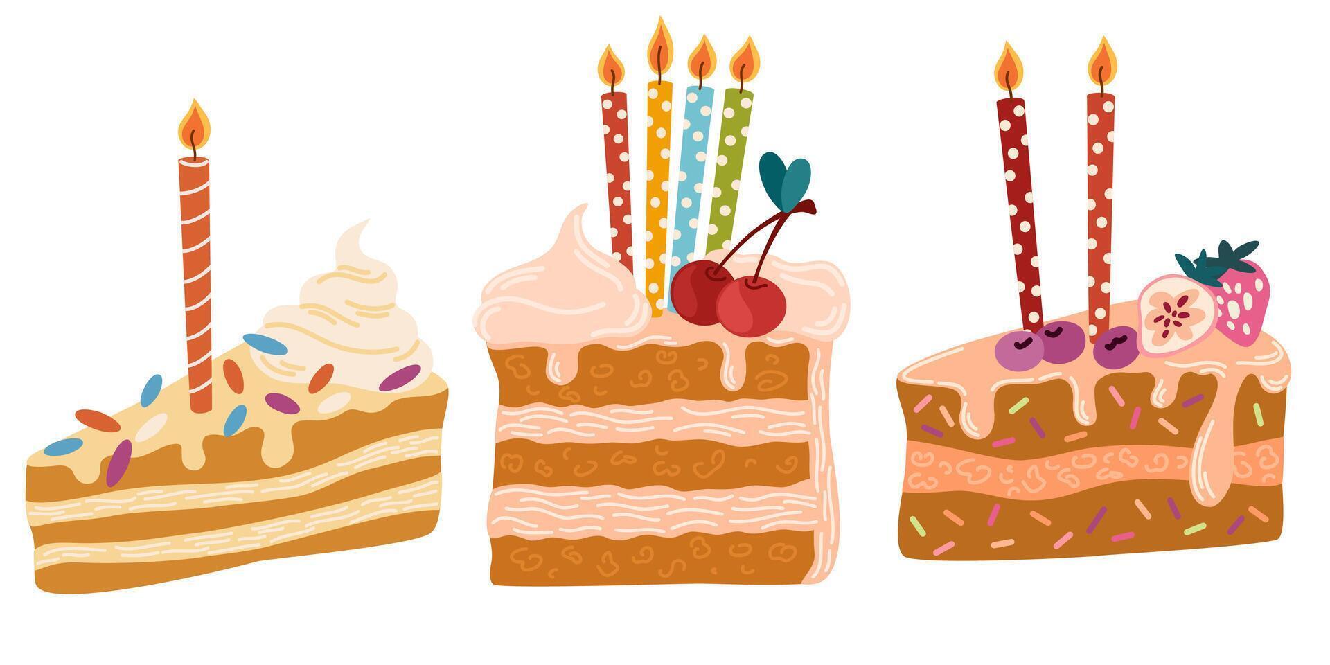 pasteles rebanadas piezas con velas conjunto de pasteles vector ilustración para postales y pegatinas aislado en blanco