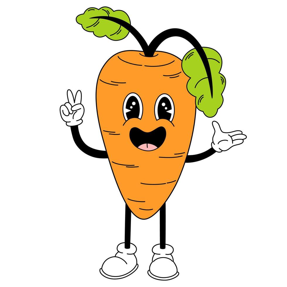 Groovy carrot vegetable. Hand draw Funny Retro vintage trendy style vegetable cartoon character. Doodle Comic vector illustration
