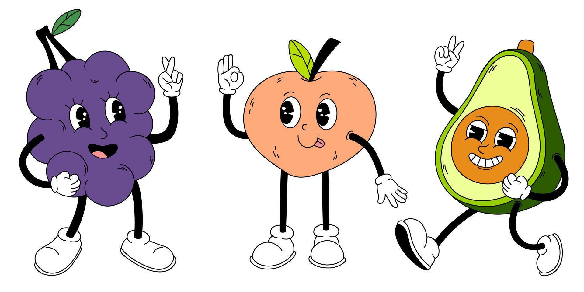 Groovy fruits set. Hand draw Funny Retro vintage trendy style fruits cartoon character. Grapes, avocado, peach. Vector doodle comic collection