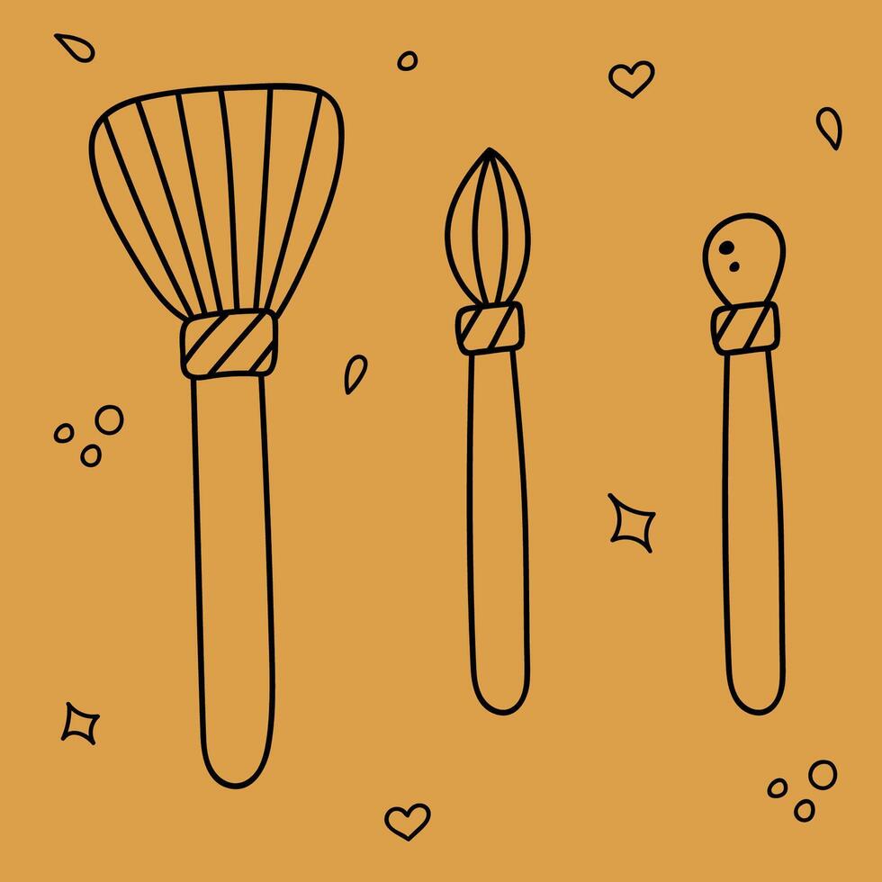 Cute doodle set with brushes for cosmetic. Make up brushes and sponge for powder, eyeshadow, face highlighter, blusher, rouge. Vector illustration with hand drawn outline.