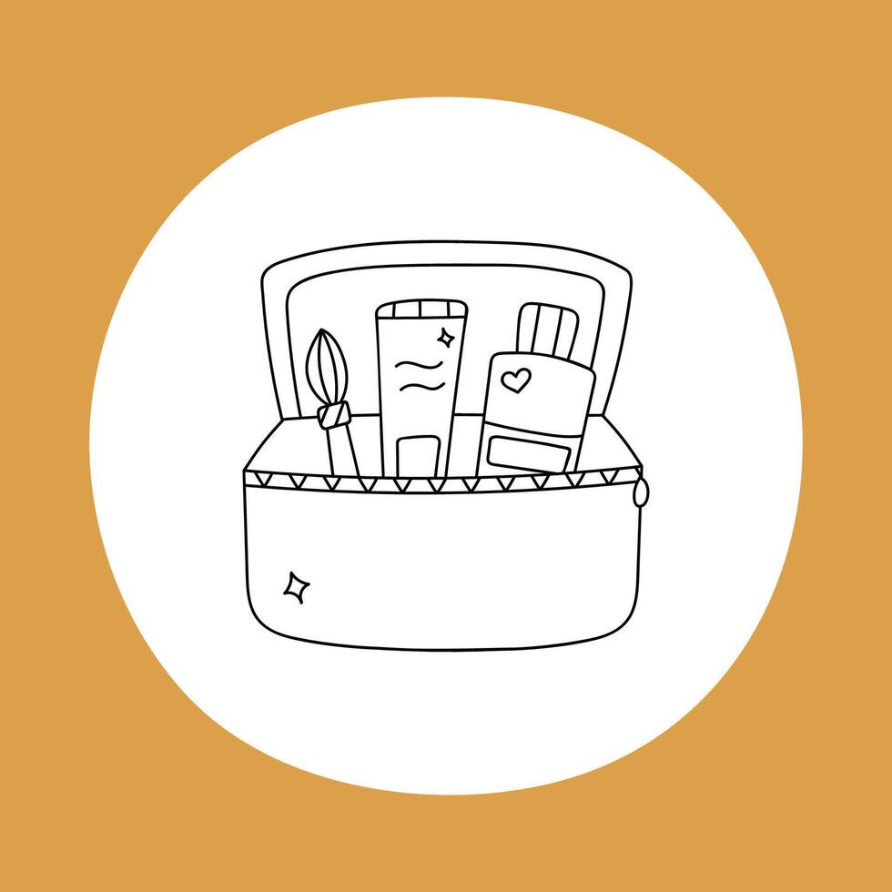 Cute doodle poster of opened cosmetic bag with makeup and skincare products in the round shape. Make up bag with brush, lip gloss and lotion. Vector illustration with hand drawn outline isolated.