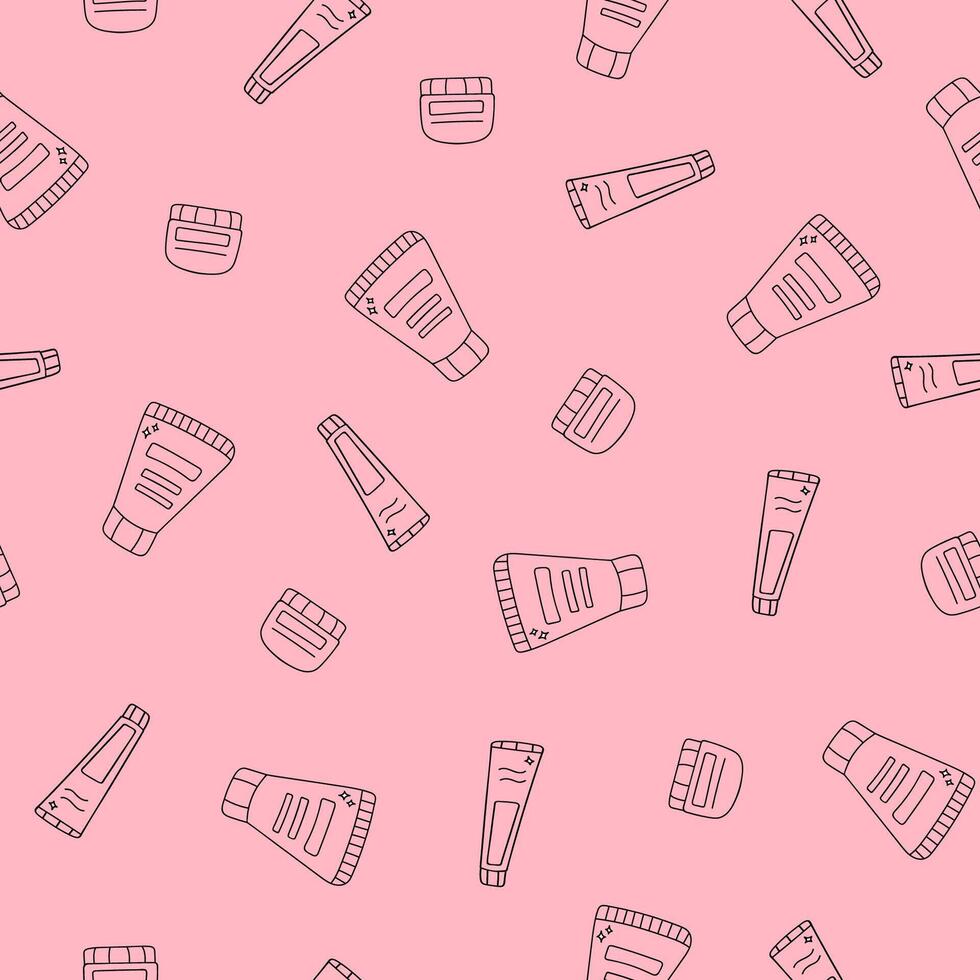 Doodle seamless pattern with face cream, bottles vector
