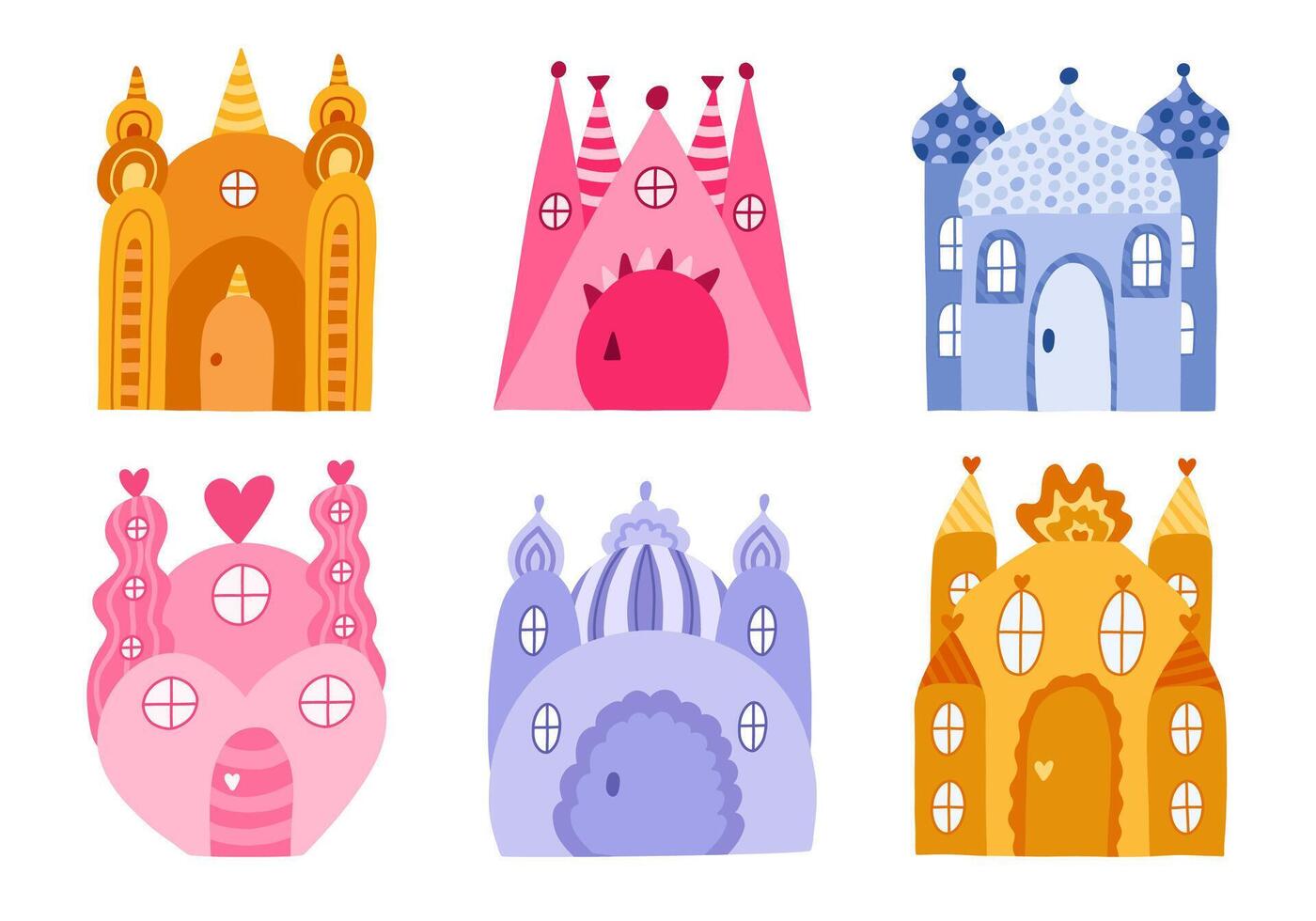 Cute set with fairy tale castles with towers of kings and queens. Bundle of magic medieval castles for kids nursery, children posters, bedroom design. Vector hand drawn doodle of royal kingdom
