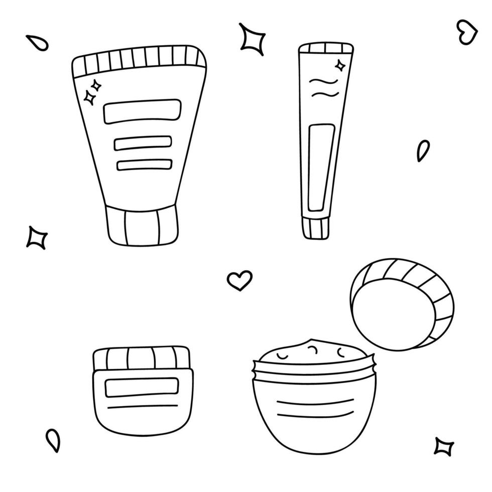 Cute doodle set with cosmetic products. Bottle, cream, jar with screwed-off lid, face mask for skin care. Vector illustration with hand drawn outline with jars, bottles and tubes