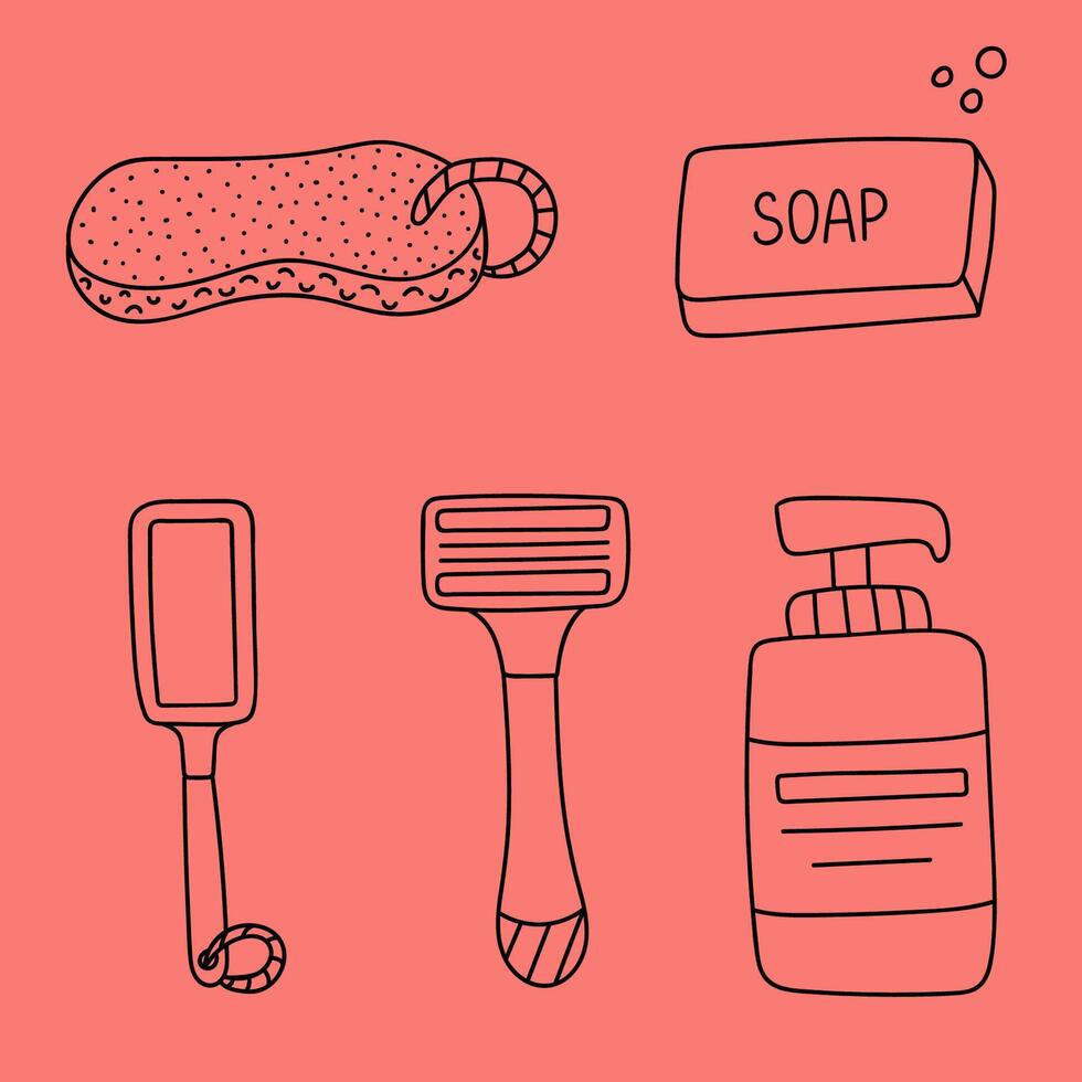 Cute doodle set of hygiene items, bathroom and shower accessories. Soap, shampoo, cream, razor, pumice, bath sponge for scrub and washing. Hand drawn products skin and body care isolated. vector