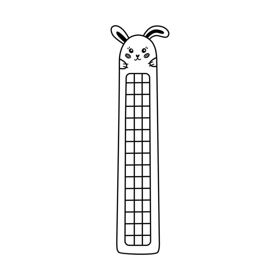 Hand drawn doodle of kawaii bookmark with face of bunny for kids. Stationery for books and reading with rabbit. Bookmark with cute animal. Vector clipart with outline of back to school supply