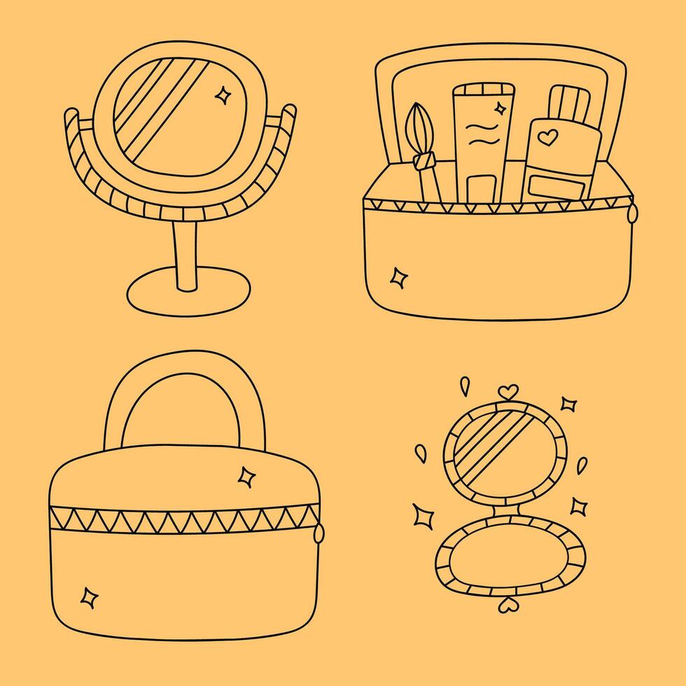 Cute doodle with set for make up. Clipart of opened and closed cosmetic bag with brush, cream and lotion, cosmetic products, funny face mirror. Vector scribble illustration with hand drawn outline.