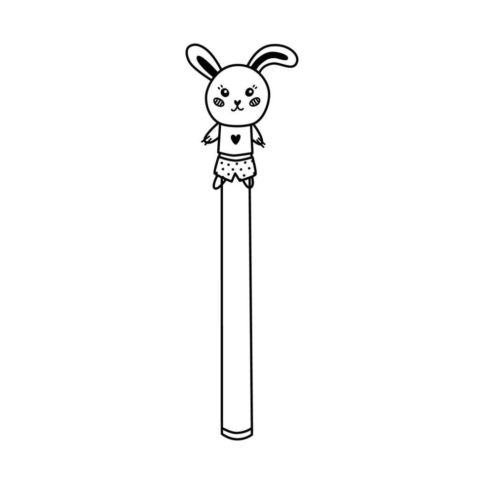 Kawaii hand drawn pen with cute bunny in t shirt and shorts on the cap with doodle outline. Kids ball ink pen with rabbit head for drawing, writing. Back to school supply. Stationery for study, work vector