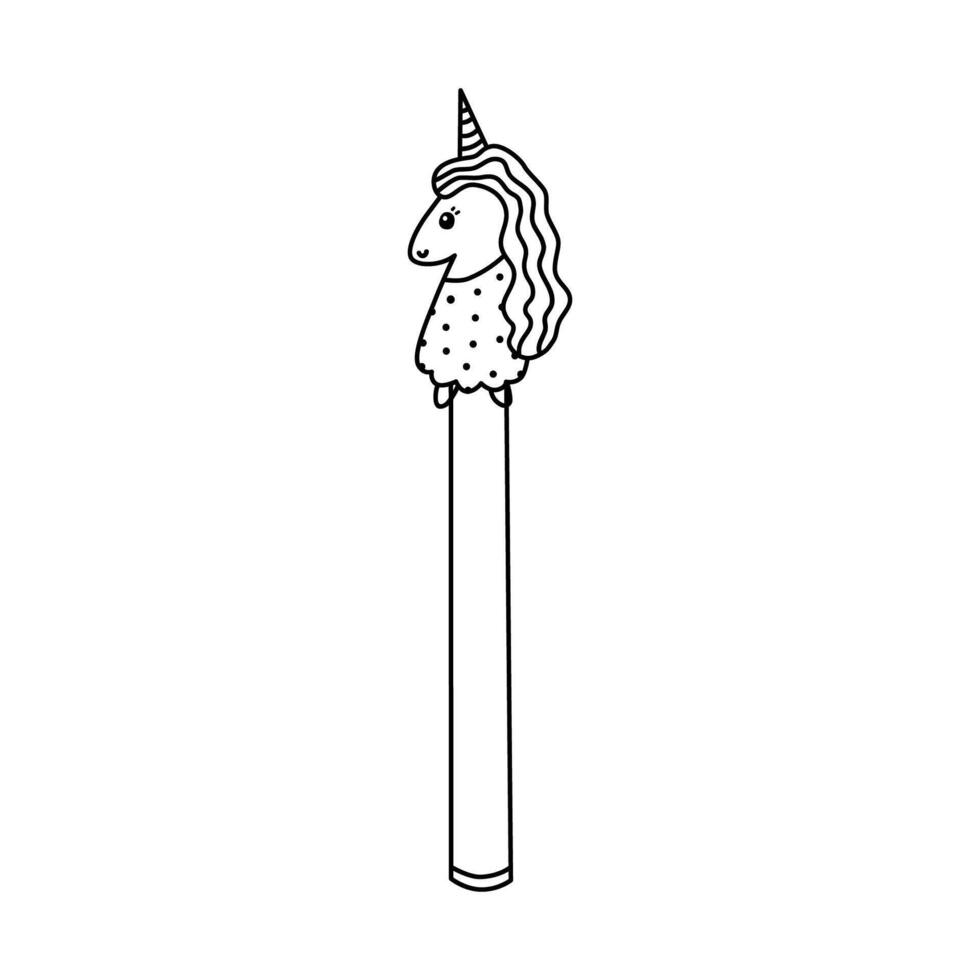 Kawaii hand drawn pen with unicorn in the dress on the cap in doodle style. Kids ball ink pen with animal head for drawing and writing. Back to school supply and stationery for study and work vector