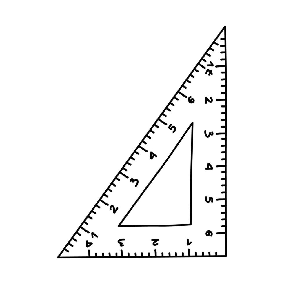 Cute doodle plastic triangle ruler with outline. Tool for drawing and measurement. School supply and stationery for kids, study, education and work. Vector hand drawn clipart isolated on background.