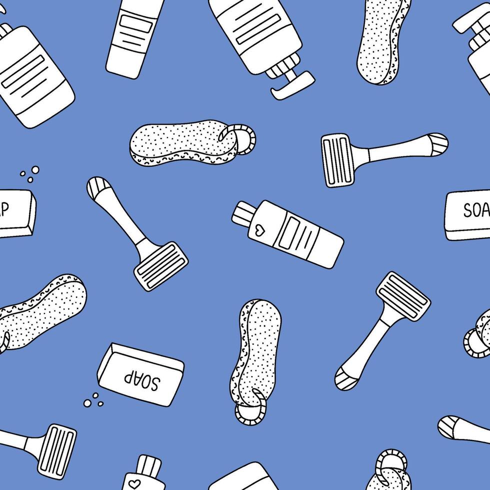 Cute simple seamless pattern with shampoo, cream, razor, pumice, bath sponge. Endless backdrop with doodle of hygiene items, shower accessories for wrapping paper, background, fabric, scrapbook vector