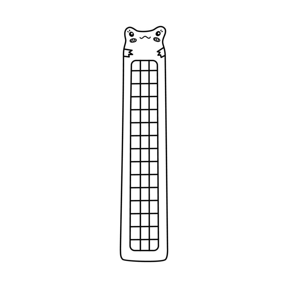 Hand drawn doodle of kawaii bookmark with face of frog for kids. Stationery for books and reading with toad. Bookmark with cute amphibian. Vector clipart with outline of back to school supply