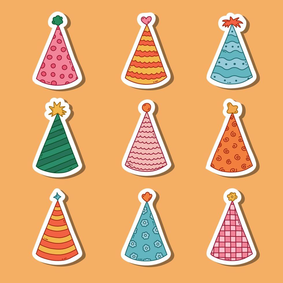 Set of stickers with birthday doodle for planners, notebooks. Ready for print list of cute stickers with party cone, Christmas cap. Simple birthday party hat in bright color with hand drawn outline vector