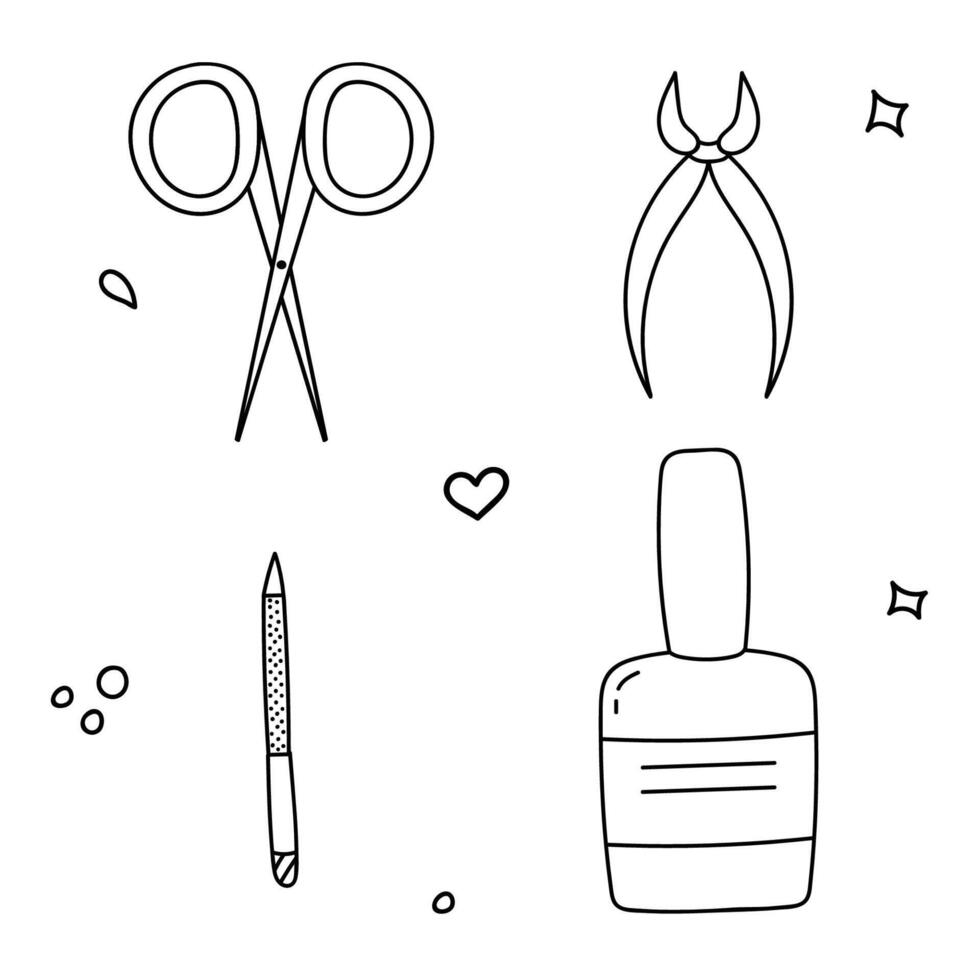 Cute doodle set with nail care accessories and products for manicure and pedicure. Simple and funny clipart of ail polish, scissors, nail file, tweezers. Vector illustration with hand drawn outline.