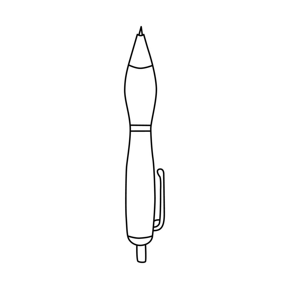 Cute hand drawn ballpoint pen in doodle style. Ball ink pen for drawing and writing. Back to school supply and technical stationery for study and work. Vector clipart isolated on white background.