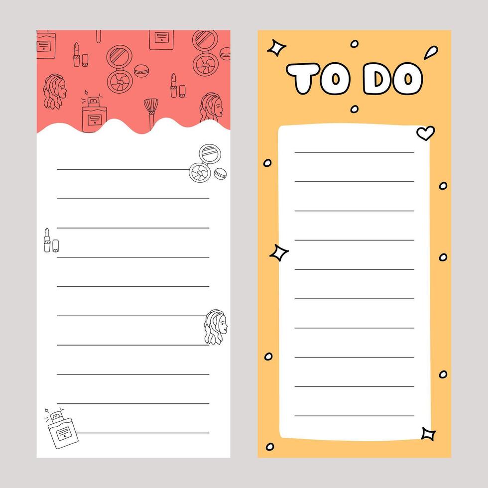 Cute hand drawn notebook template for to do list and notes with skincare and beauty illustrations. Printable editable diary note elements for weekly planner, bullet journal, for school schedule. vector