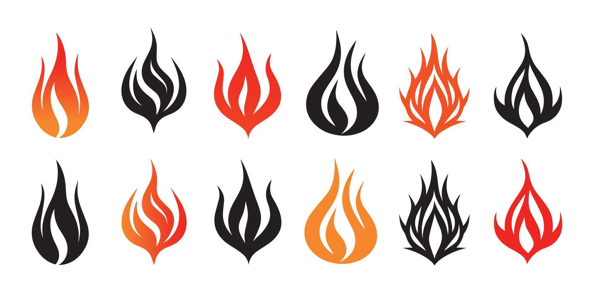 conjunto de fuego fuego íconos colocar. vector ilustración en plano y glifo estilo