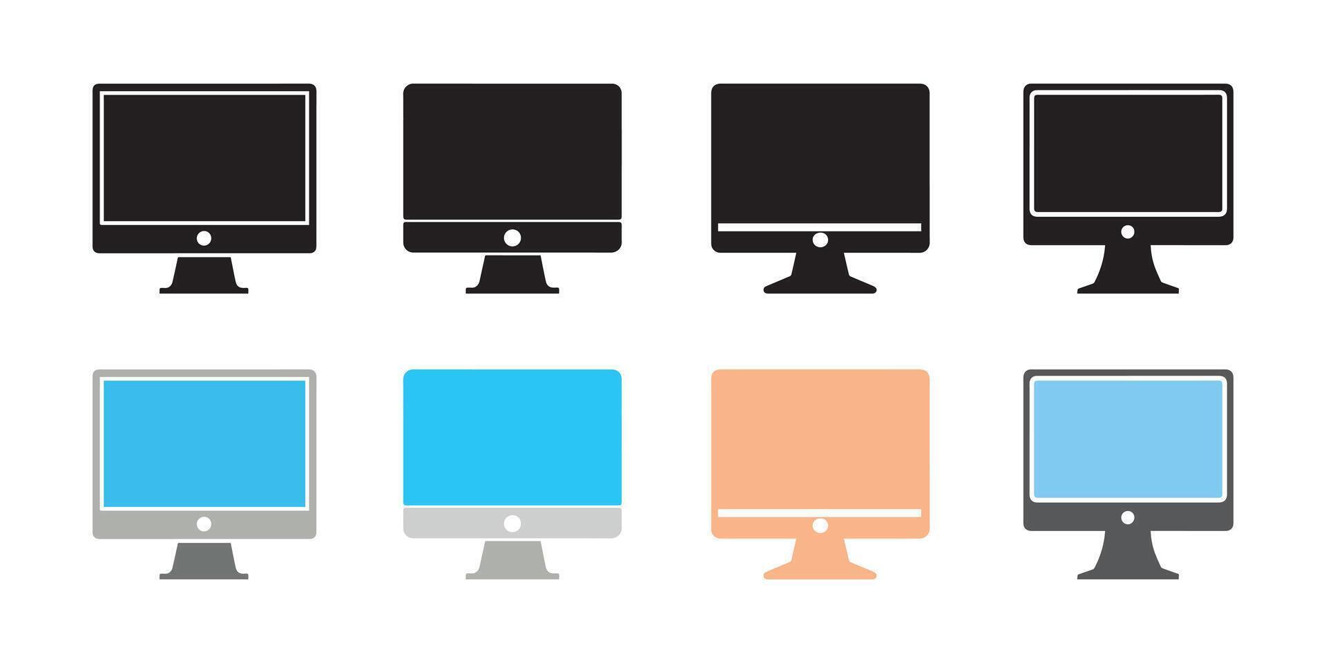 conjunto de computadora monitor iconos vector ilustración en plano y glifo estilo