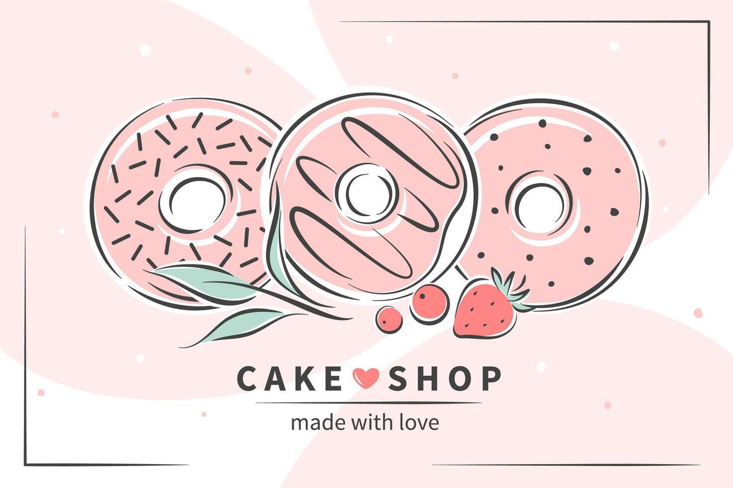 Cake and bread shop logo. Donuts and berries. Vector illustration for logo, menu, recipe book, baking shop, cafe, restaurant.