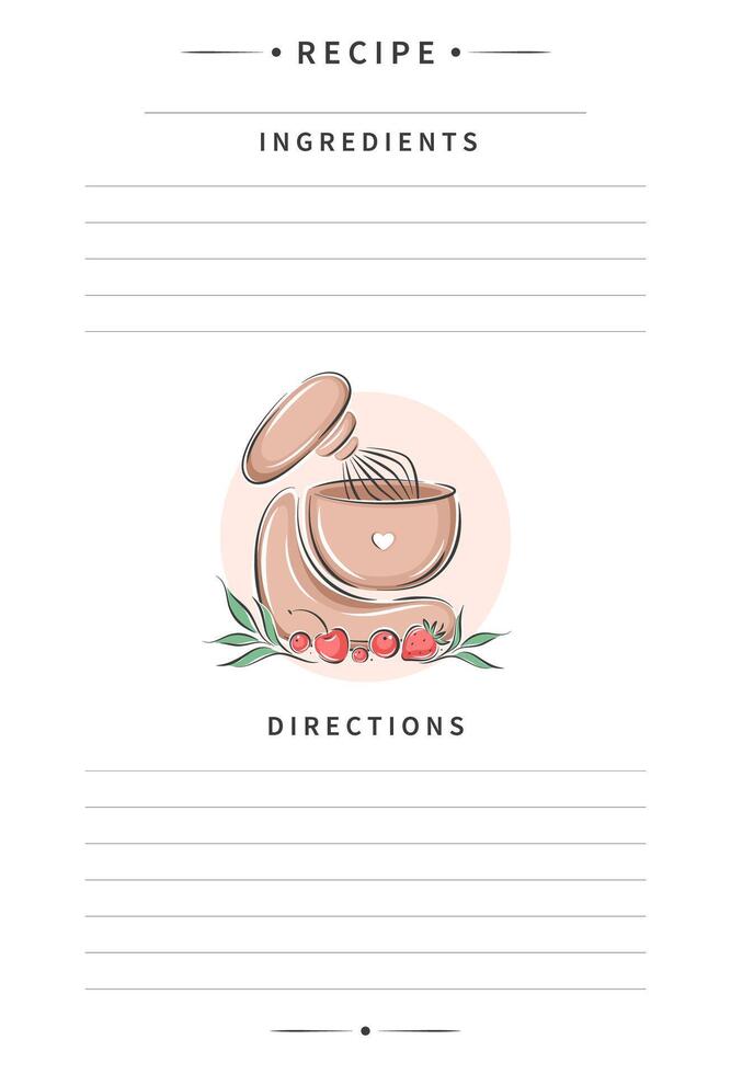 Recipe card template for cooking notes. Clean pages of the cookbook are decorated mixer for making cakes. Vector illustration.