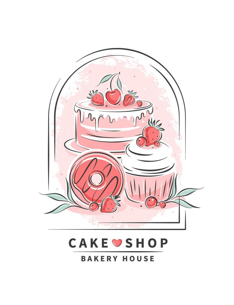 Cake, cupcake and berries. Vector illustration on white background for menu, recipe book, baking shop.