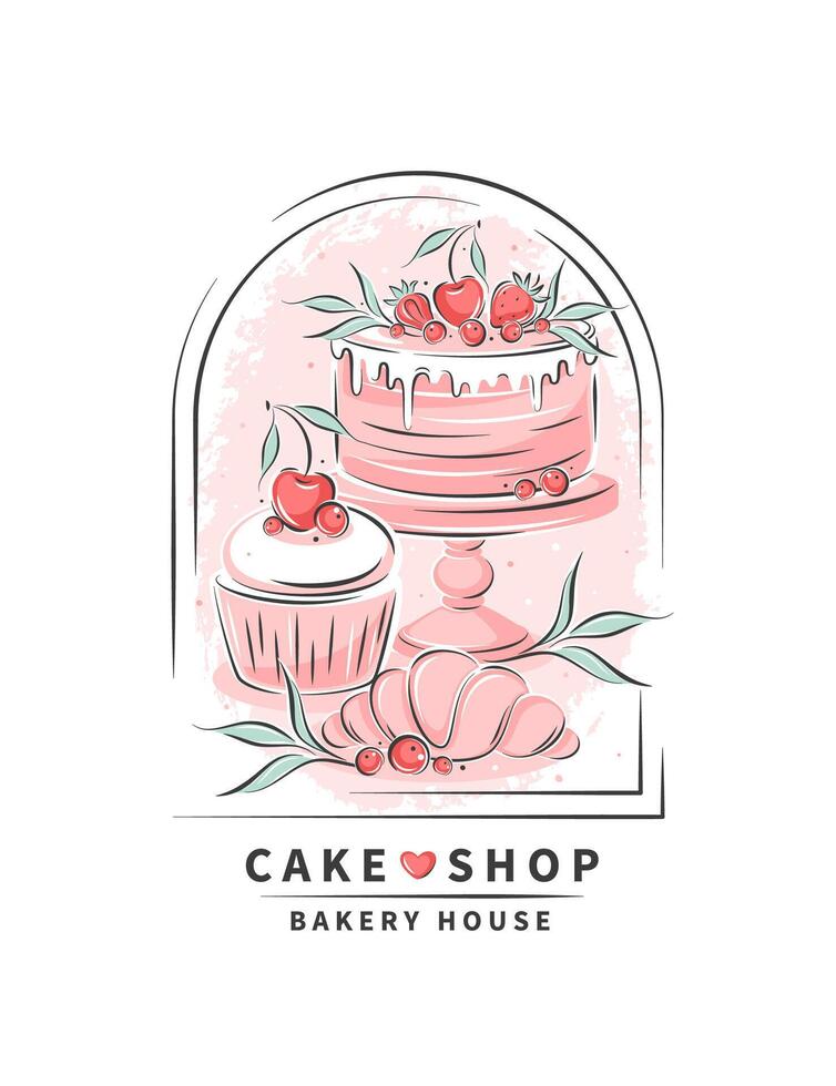 Desserts, pastry dishes, cake, cupcake, croissant. Cake shop. Vector illustration for menu, recipe book, baking shop, cafe.