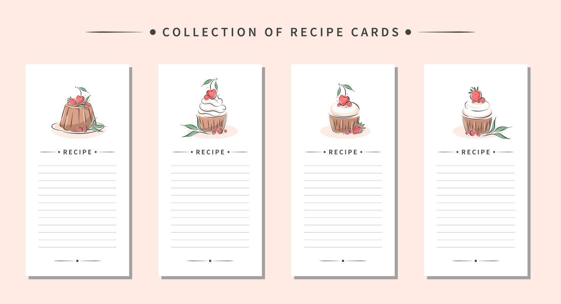 Collection of recipe card templates. Clean pages of the cookbook are decorated cakes and dessert. Vector illustration.