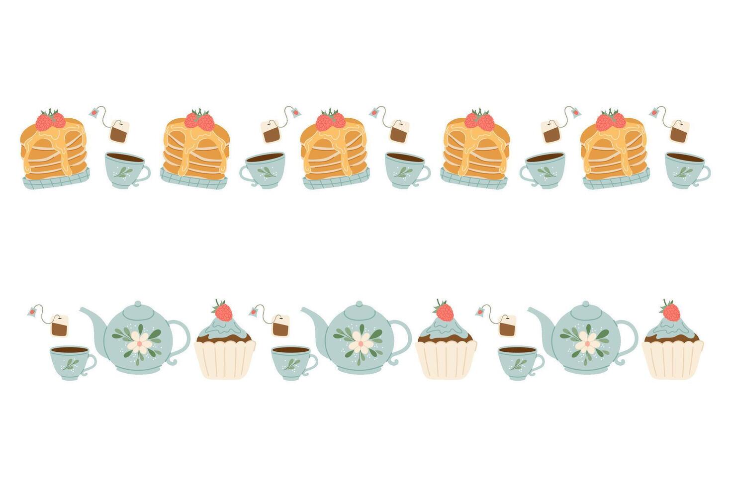 Breakfast, food in flat style. Vector illustration of tea, pancakes, dishes. Decorative frame, border in flat style.