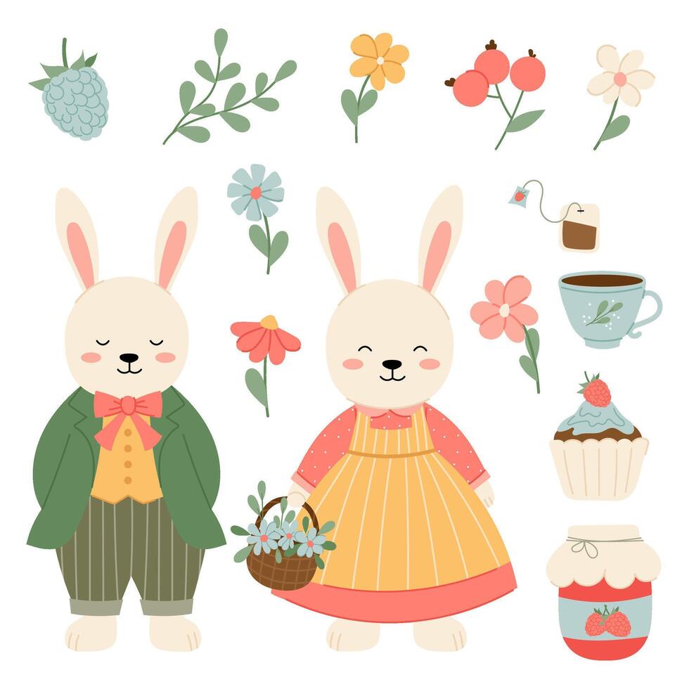 Pareja de conejos en plano estilo. conjunto de vector ilustraciones de liebres con decorativo elementos. conejos en Clásico ropa.