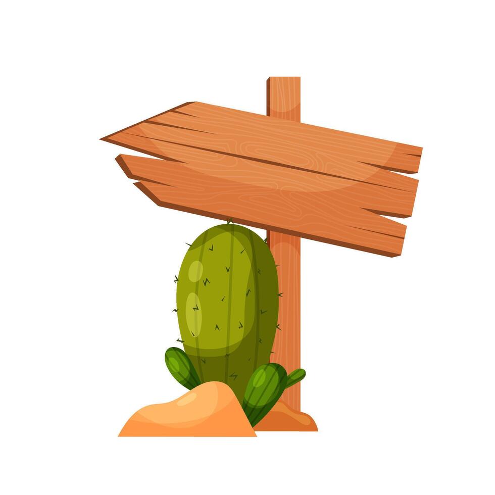 Wooden arrow indicating the path with a cactus. Wooden sign in flat style. Template for text. vector