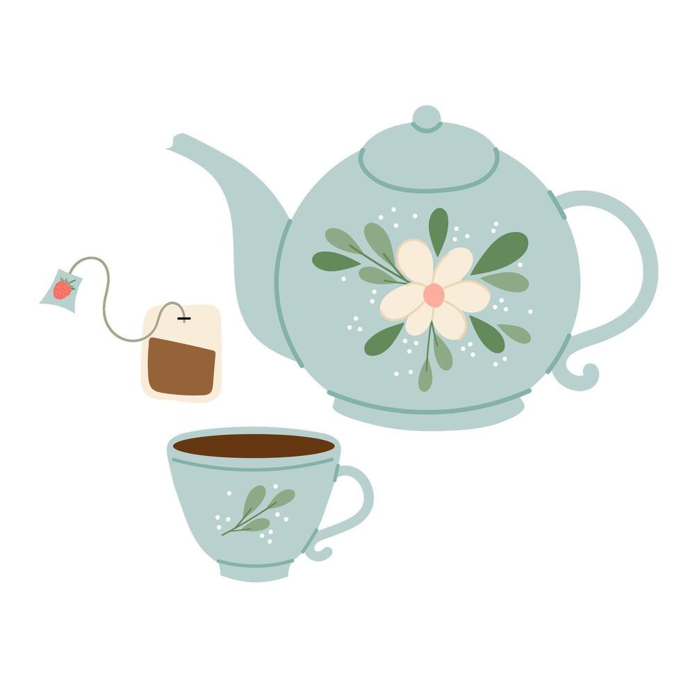 cerámico azul tetera con taza en plano estilo. té, desayuno, Mañana. el tetera es decorado con floral cuadro. vector