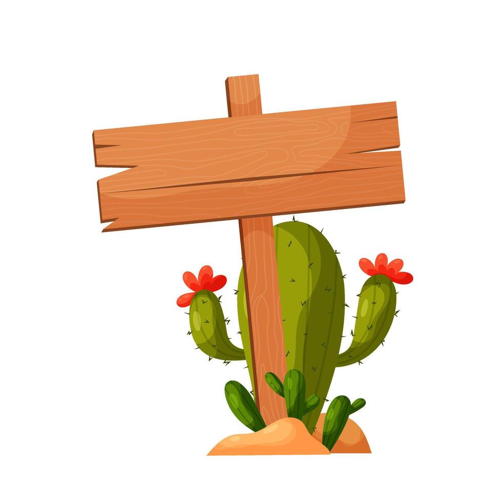 Wooden sign in flat style. Template for text. Wooden board for inscriptions with a blooming cactus. vector