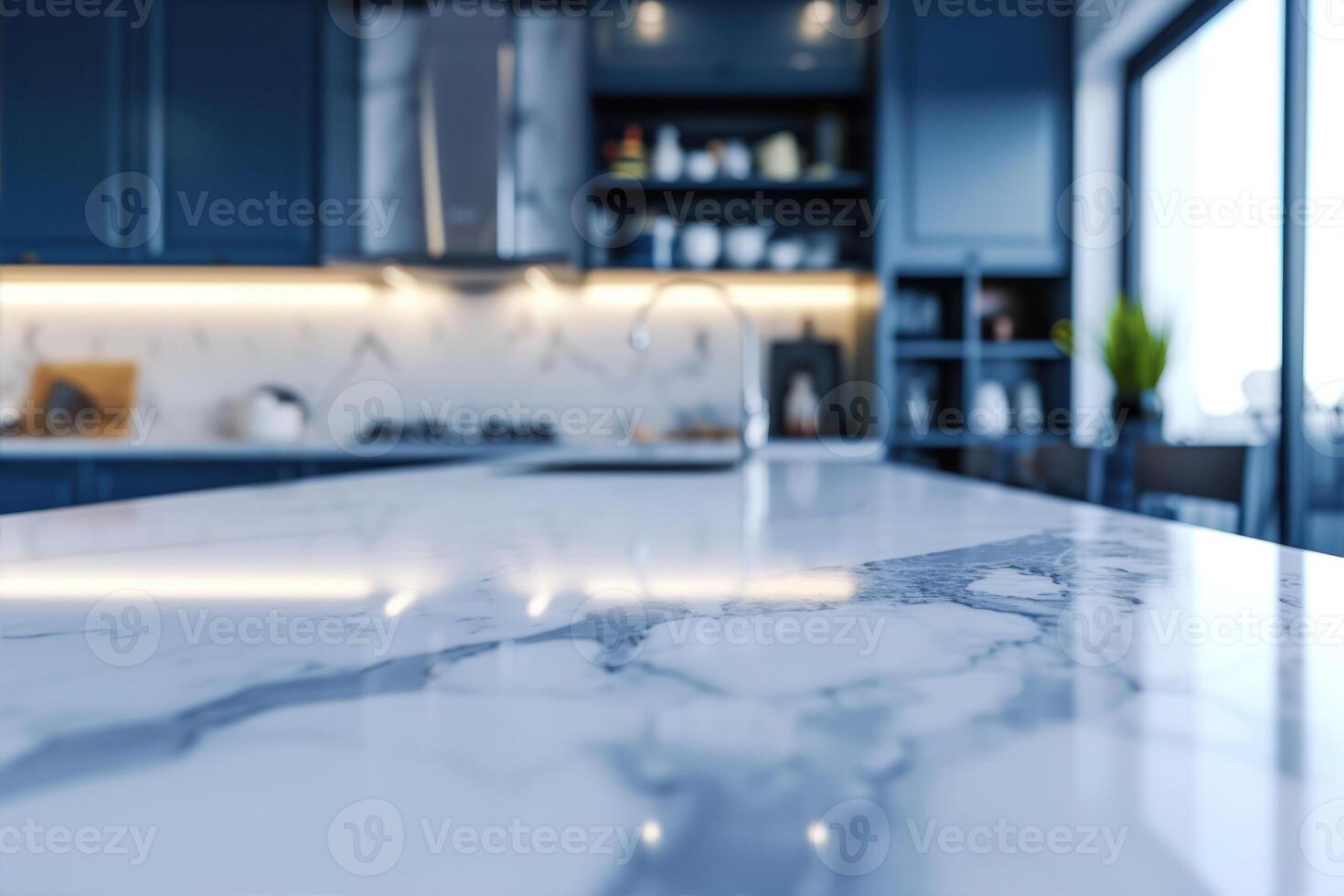 AI generated Closeup of white marble countertop in modern kitchen with blurred background photo