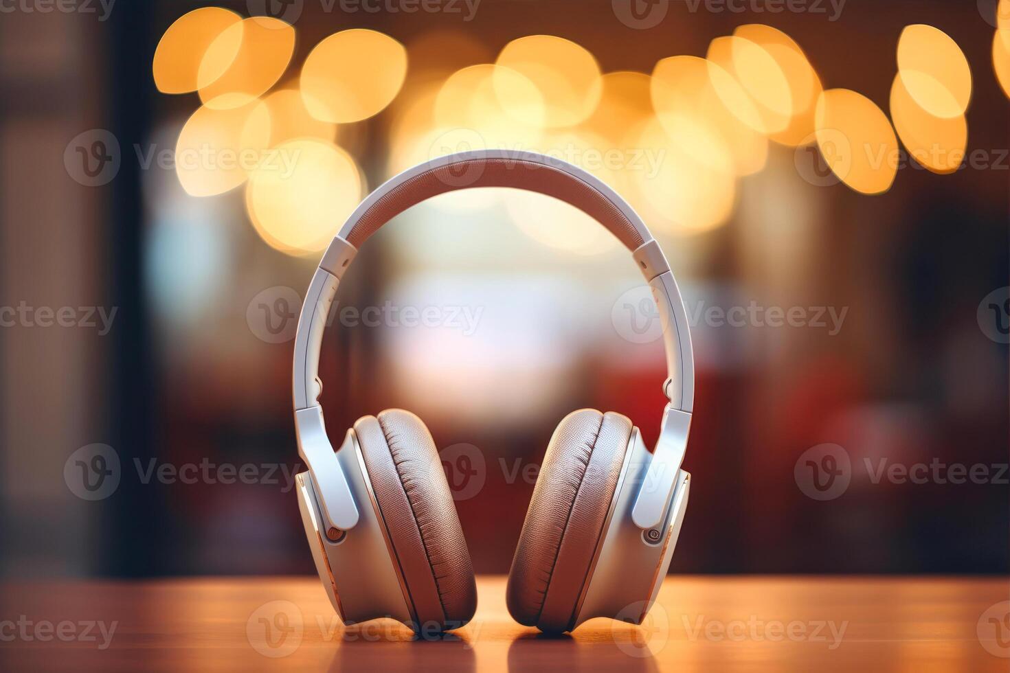 AI generated Headphones on a wooden table in a cafe. 3d rendering photo