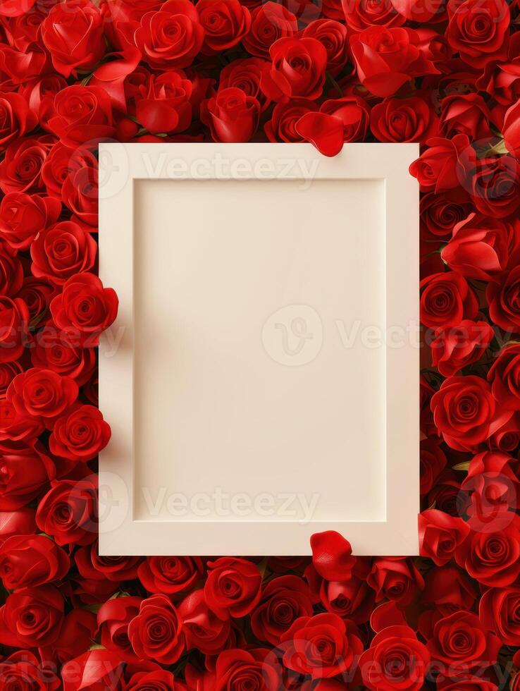 AI generated Blank photo frame with red roses on white background, top view