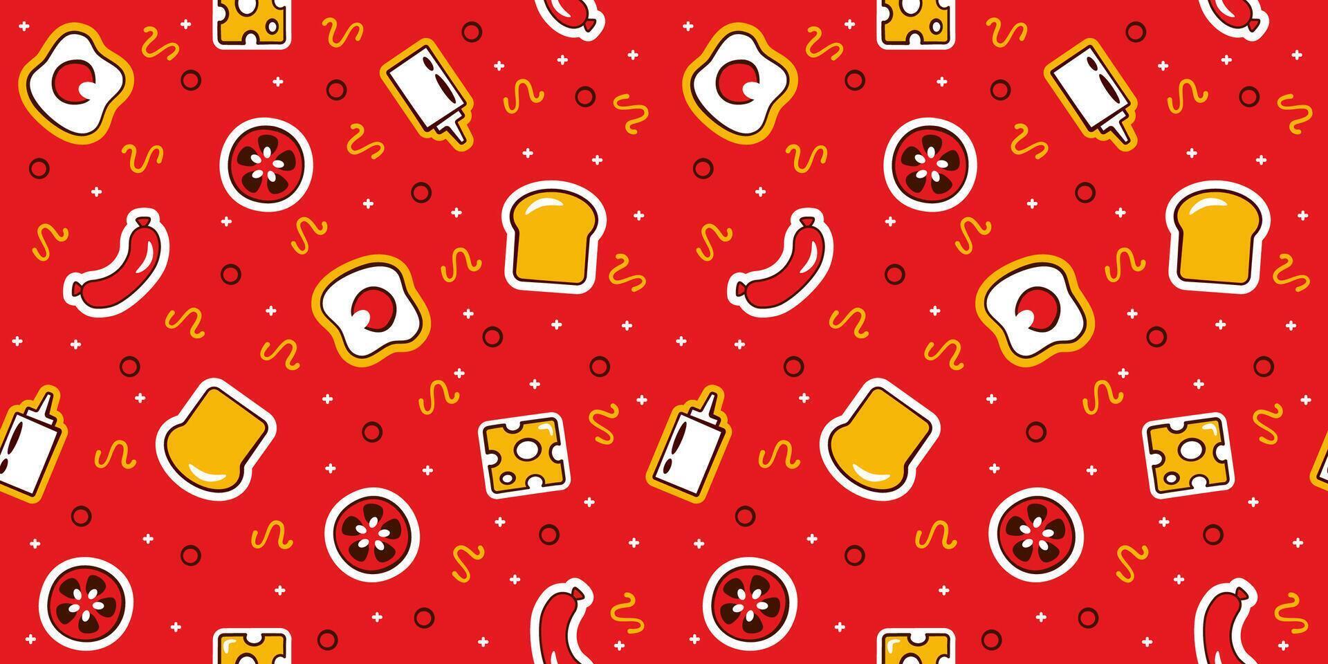 Cute breakfast food cartoon repetitive pattern. Vector illustration suitable for prints.