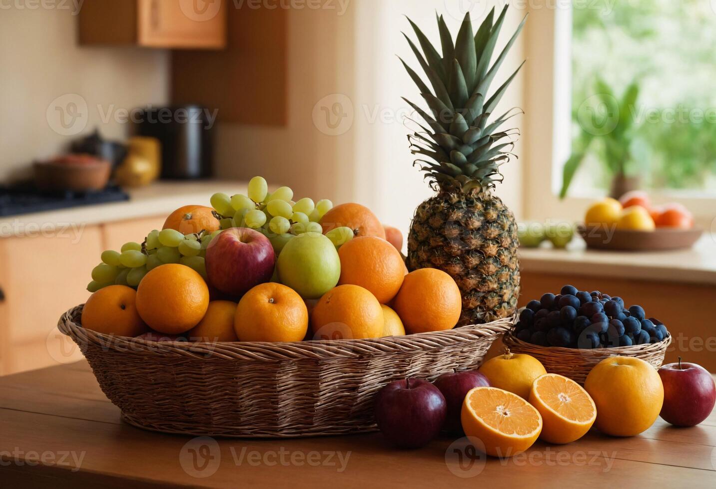 AI generated A basket of fruits sitting on top of a wooden table photo