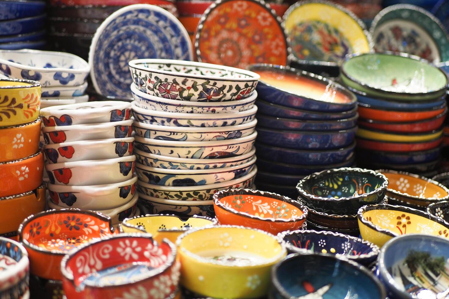 top view of Turkish traditional design ceramic plates in Old Bazaar in Istanbul photo