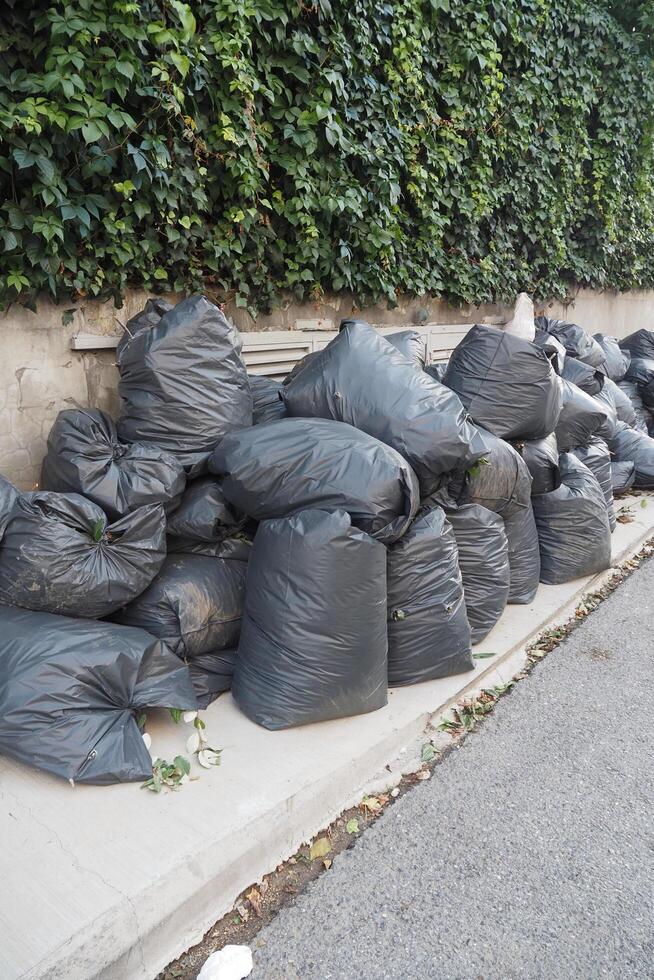 Black garbage bags stack on a park photo