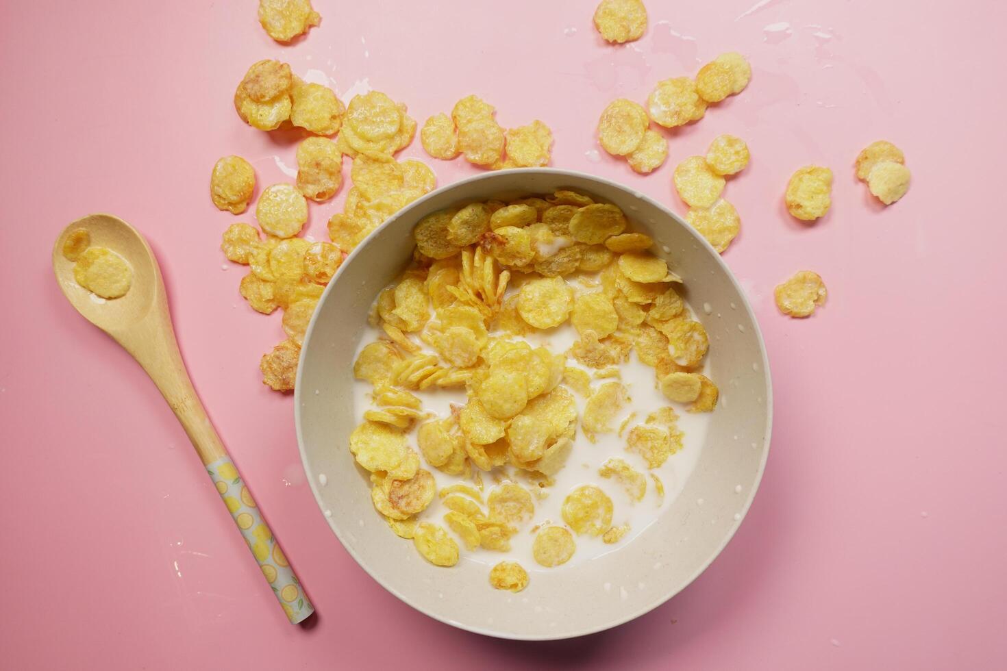 Spilled breakfast cereal on floor photo