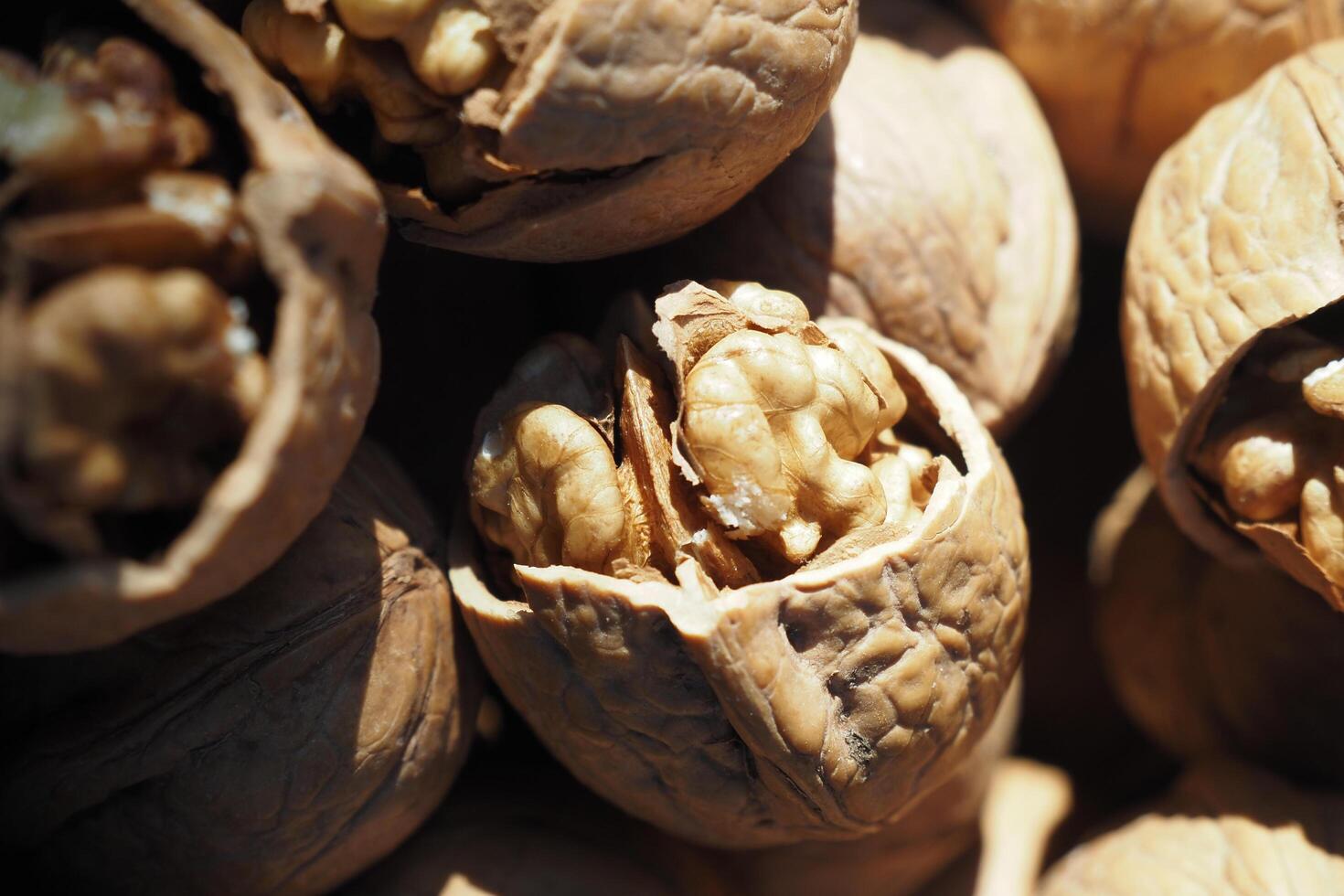 A scoop of walnuts, a superfood, rests on a stack of nuts seeds photo
